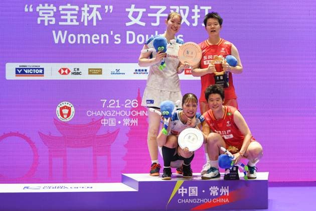 CHANGZHOU, CHINA - JULY 26: Champions Liu Shengshu and Tan Ning of China, runners-up Yuki Fukushima and Matsumoto Mayu of Japan celebrate on the podium during the awarding ceremony after the Women s Doubles Final match on day 6 of the China Open 2026 at Changzhou Olympic Sports Center Gymnasium on July 26, 2026 in Changzhou, Jiangsu Province of China.  Copyright: xVCGx 111656488396