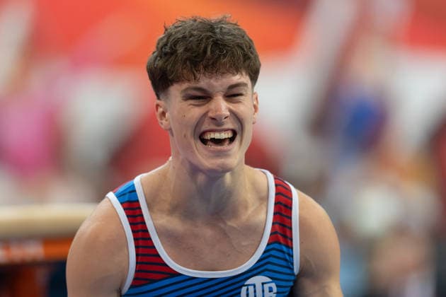 Deutsche Meisterschaften im Gerätturnen 2026, Gerätfinals Marcel Graf (VT Rinteln) jubel nach seinem gelungenen zweiten Sprung. Deutsche Meisterschaften im Gerätturnen, Gerätfinals, am 26. Juli 2026 in der ZAG-Arena in Hannover., Hannover Niedersachsen Deutschland ZAG Arena *** 2026 German Artistic Gymnastics Championships, Apparatus Finals: Marcel Graf (VT Rinteln) celebrates after his successful second vault. German Artistic Gymnastics Championships, Apparatus Finals, on July 26, 2026, at the ZAG Arena in Hanover, Hanover, Lower Saxony, Germany. ZAG Arena