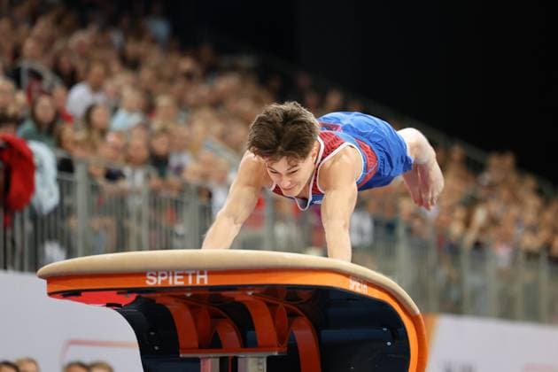 DM Finals 2026; Gerätfinals Männer Sprung***Marcel Graf bei seiner Übung *** 2026 DM Finals Men s Apparatus Finals – Vault***Marcel Graf performing his routine Copyright: xUdoxHerrmannx