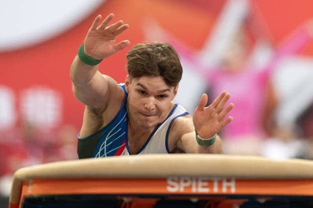 Deutsche Meisterschaften im Gerätturnen 2026, Gerätfinals Meik Layer (TV Neckarau) beim Sprung. Deutsche Meisterschaften im Gerätturnen, Gerätfinals, am 26. Juli 2026 in der ZAG-Arena in Hannover., Hannover Niedersachsen Deutschland ZAG Arena *** 2026 German Artistic Gymnastics Championships, Apparatus Finals: Meik Layer of TV Neckarau on the vault. German Artistic Gymnastics Championships, Apparatus Finals, on July 26, 2026, at the ZAG Arena in Hanover, Hanover, Lower Saxony, Germany. ZAG Arena