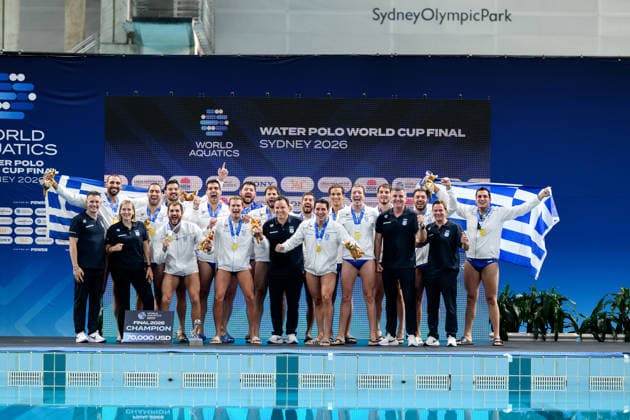 Water polo, Wasserball WORLD CUP, Greece win the gold medal after the Men™s Gold Medal Water Polo World Cup Final match between Hungary and Greece at Sydney Olympic Park Aquatic Centre in Sydney, Sunday, July 26, 2026. ( NO ARCHIVING, EDITORIAL USE ONLY SYDNEY NEW SOUTH WALES AUSTRALIA  Copyright: xSTEVENxMARKHAMx 20260726117042687175