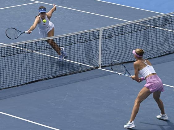 Lucie Havlickova and Laura Samsonova (right) of Czech Republic in action during the match against Harriet Dart and Maia Lumsden (left) of Great Britain within the women s WTA, Tennis Damen 250 Livesport Prague Open 2026 tennis tournament in Prague, Czech Republic, on July 26, 2026. (CTKxPhoto MichalxKrumphanzl) CTKPhotoP2026072602426  CTKPhotoP2026072602426