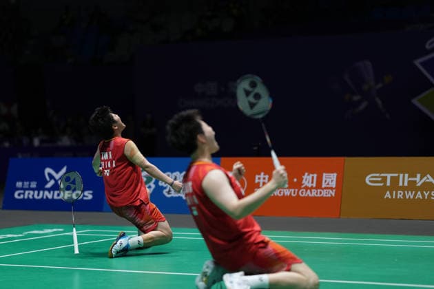 (260726) -- CHANGZHOU, July 26, 2026 -- Liu Shengshu Tan Ning (L) celebrate after winning the women s doubles final match between Liu Shengshu Tan Ning of China and Fukushima Yuki Matsumoto Mayu of Japan at the 2026 China Open badminton tournament in Changzhou, east China s Jiangsu Province, July 26, 2026. ) (SP)CHINA-CHANGZHOU-BADMINTON-CHINA OPEN-WOMEN S DOUBLES-FINAL (CN) SunxFei 