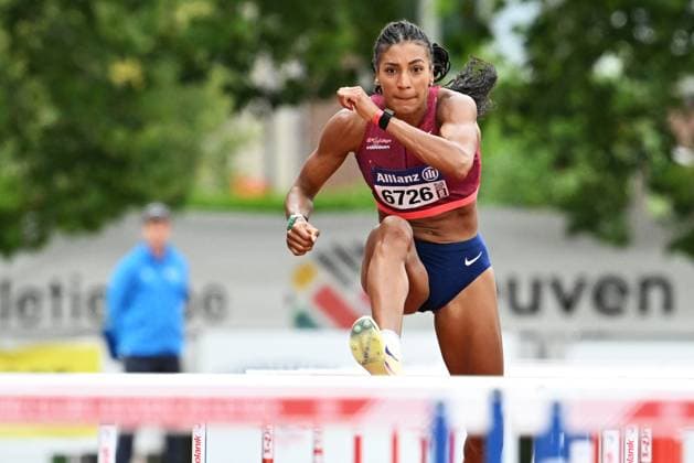 Belgian Nafissatou Nafi Thiam pictured during the 100m hurdles race at the Belgian athletics championships, Sunday 26 July 2026 in Kessel-Lo, Leuven. JILLxDELSAUX  x182080938x