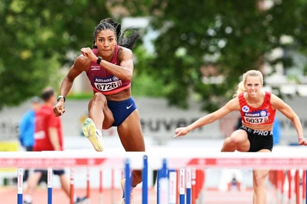Belgian Nafissatou Nafi Thiam pictured during the 100m hurdles race at the Belgian athletics championships, Sunday 26 July 2026 in Kessel-Lo, Leuven. JILLxDELSAUX  x182081092x