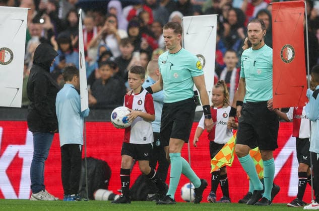 2026-07-26 Feyenoord v Rayo Vallecano - Pre Season Friendly ROTTERDAM, NETHERLANDS - JULY 26: Referee Jannick van der Laan enter the pitch during the Pre Season Friendly match between Feyenoord and Rayo Vallecano at Stadion Feijenoord on July 26, 2026 in Rotterdam, Netherlands. Rotterdam Stadion Feijenoord Netherlands Content not available for redistribution in The Netherlands directly or indirectly through any third parties. Copyright: xHansxvanxderxValkx