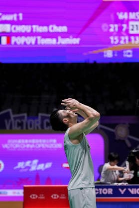(260726) -- CHANGZHOU, July 26, 2026 -- Chou Tien Chen celebrates after winning the men s singles final match between Chou Tien Chen of Chinese Taipei and Toma Junior Popov of France at the China Open 2026 badminton tournament in Changzhou, east China s Jiangsu Province, July 26, 2026. ) (SP)CHINA-CHANGZHOU-BADMINTON-CHINA OPEN-MEN S SINGLES-FINAL(CN) LixBo 