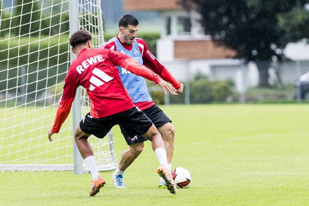 ST. JOHANN IN TIROL, AUSTRIA - JULY 26: Luka Lochoshvili (1. FC Koeln, 24) controls the ball against Nilas Yacobi (1. FC Koeln, 42) during a training session at trainings camp in Kitzbuehel of season 2026 27 at Koasastadion on July 26, 2026 in St. Johann in Tirol, Austria. Austria Copyright: xSteffiexWunderlx