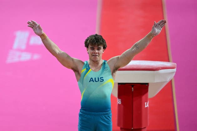 COM26 ARTISTIC GYMNASTICS, Jesse Moore of Australia reacts as he competes in the Artistic Gymnastics Men™s All-Around Final during the Glasgow 2026 Commonwealth Games at the Glasgow International Arena in Glasgow, Scotland, Sunday, July 26, 2026. ( NO ARCHIVING, EDITORIAL USE ONLY Glasgow Scotland United Kingdom  Copyright: xLUKASxCOCHx 20260726179832758256