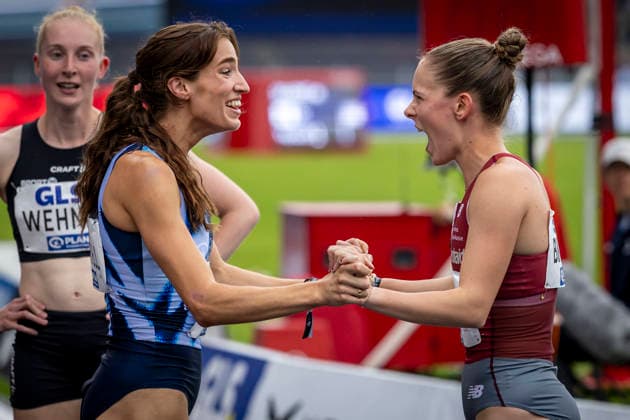 Deutsche Leichtathletik-Meisterschaften; Bochum-Wattenscheid, 26.07.2026 Zweit platzierte Jana Marie Becker (Königsteiner LV) und drittplatzierte Lara Tortell (TSV 1885 Friedberg-Fauerbach e.V.); Deutsche Leichtathletik-Meisterschaften am 26.07.2026 im Lorheide-Stadion, Bochum-Wattenscheid (Nordrhein-Westfalen). *** German Track and Field Championships, Bochum-Wattenscheid, July 26, 2026: Second-place finisher Jana Marie Becker of Königsteiner LV and third-place finisher Lara Tortell of TSV 1885 Friedberg Fauerbach e.V. German Track and Field Championships on July 26, 2026, at Lorheide Stadium, Bochum-Wattenscheid, North Rhine-Westphalia Copyright: xBEAUTIFULxSPORTS LeahxKohringx