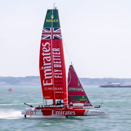 Emirates Great Britain driven by Olympic gold medallist, and America s Cup Helm, Dylan Fletcher. during the Emirates GB SailGP at The Solent, Portsmouth, UK on 25 July 2026. Copyright: xPhilxHutchinsonx 45300032