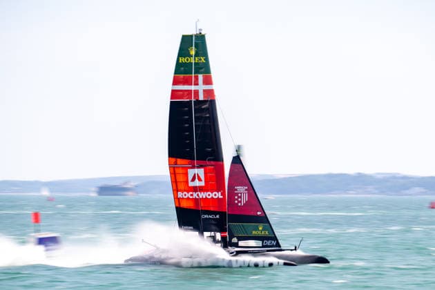 Rockwool Denmark led by round the world sailor Nicolai Sehested catch some water after turning the final marker during the Emirates GB SailGP at The Solent, Portsmouth, UK on 25 July 2026. Copyright: xPhilxHutchinsonx 45300033