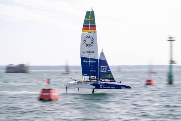 Germany SailGP Team presented by Deutsche Bank Led by two-time Olympic medalist Erik Kosegarten-Heil during the Emirates GB SailGP at The Solent, Portsmouth, UK on 25 July 2026. Copyright: xPhilxHutchinsonx 45300034