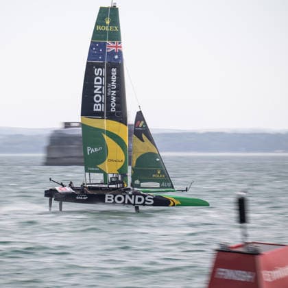 Bonds Flying Roos Australia helmed by America™s Cup winner Tom Slingsby during the Emirates GB SailGP at The Solent, Portsmouth, UK on 25 July 2026. Copyright: xPhilxHutchinsonx 45300036