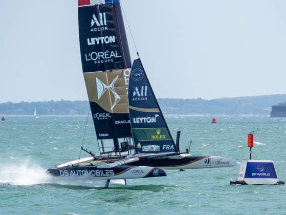 France Sail GP led by Quentin Delapierre raises a hull as it crosses the line during the Emirates GB SailGP at The Solent, Portsmouth, UK on 25 July 2026. Copyright: xPhilxHutchinsonx 45300046