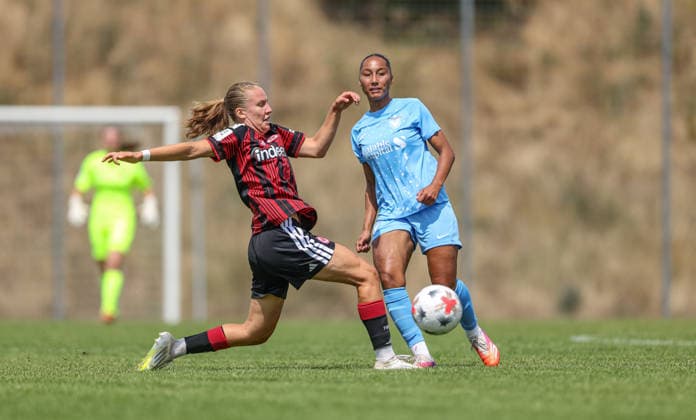 GER, Frankfurt, Eintracht Frankfurt II vs Viktoria Berlin, Vorbereitung, Fussball, DFB, Spielzeit 2026 2027, Sportpark Preungesheim, Testspiel im Bild v.l.: Carlotta Schwoerer (Eintracht Frankfurt), Vanessa Fürst (Viktoria Berlin 8) DFB DFL REGULATIONS PROHIBIT ANY USE OF PHOTOGRAPHS AS IMAGE SEQUENCES AND OR QUASI-VIDEO, 26.07.2026 *** GER, Frankfurt, Eintracht Frankfurt II vs. Viktoria Berlin, Preseason, Soccer, DFB, 2026–2027 Season, Sportpark Preungesheim, Friendly Match: Pictured (from left) Carlotta Schwoerer (Eintracht Frankfurt), Vanessa Fürst, Viktoria Berlin. 8 DFB DFL regulations prohibit any use of photographs as image sequences and or quasi-video. July 26, 2026 Copyright: HMBxMedia HendrikxHamelau