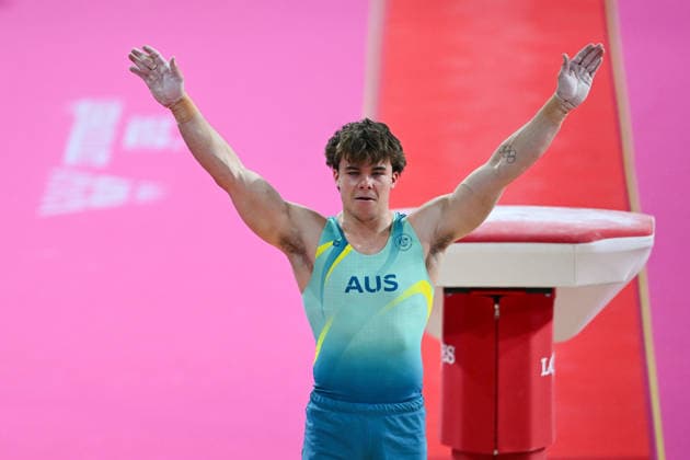COM26 ARTISTIC GYMNASTICS, Jesse Moore of Australia reacts as he competes in the Artistic Gymnastics Men™s All-Around Final during the Glasgow 2026 Commonwealth Games at the Glasgow International Arena in Glasgow, Scotland, Sunday, July 26, 2026. ( NO ARCHIVING, EDITORIAL USE ONLY Glasgow Scotland United Kingdom  Copyright: xLUKASxCOCHx 20260726111207853474