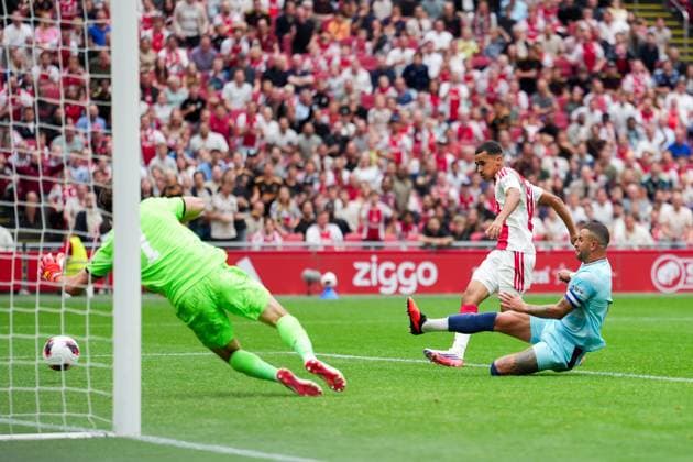 AMSTERDAM , 26-07-2026, Johan Cruijff ArenA , season 2026 2027 , Pre season footbal . Match between Ajax and Burnley FC , Picture shows AFC Ajax player Abdellah Ouazane scores the 2-1 Ajax - Burnley (friendly)  x205217291x Copyright: