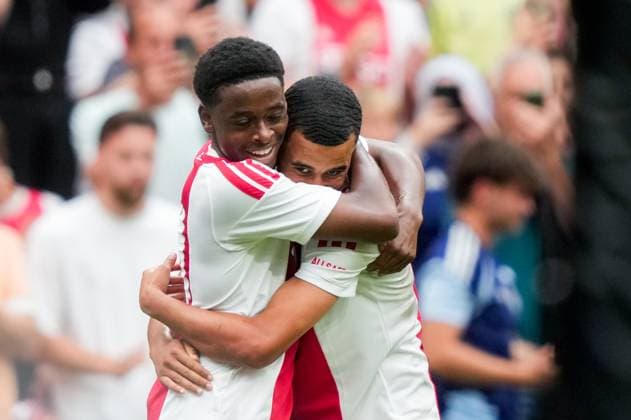 AMSTERDAM , 26-07-2026, Johan Cruijff ArenA , season 2026 2027 , Pre season footbal . Match between Ajax and Burnley FC , Picture shows AFC Ajax player Mohamed Abdalla and AFC Ajax player Abdellah Ouazane celebrating the 2-1 Ajax - Burnley (friendly)  x205217332x Copyright: