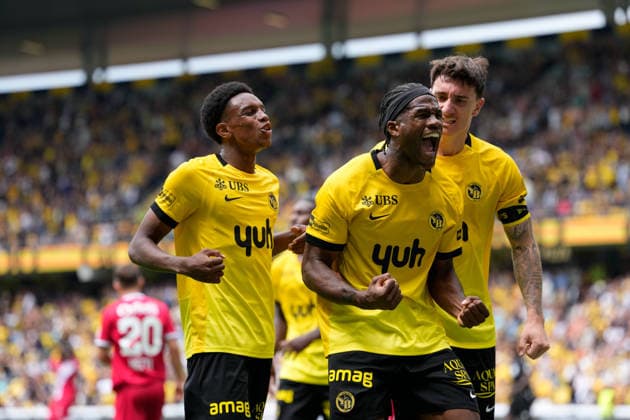 Bern, Switzerland - July 26: Samuel Essende (99 YB) celebrates the goal for the 3:2 with the Team during the Brack Super League match between BSC Young Boys and FC Sion at Stadion Wankdorf on July 26, 2026 in Bern, Switzerland.  Copyright: xKjetilxWaberx xSPPx Sportspressphoto_SPR196928