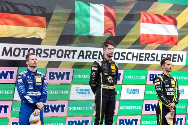 GER, DTM, 9. & 10. Lauf, Motorsport Arena Oschersleben 26.07.2026, Motorsport Arena, Oschersleben, GER, DTM, 9. & 10. Lauf, Motorsport Arena Oschersleben Podium: Sieger Mirko Bortolotti, TGI Team by GRT, 2. Platz Maro Engel, Mercedes-AMG Team Winwward, 3. Platz Thomas Preining, Manthey Â Foto: Alexander Trienitz Oschersleben Motorsport Arena Sachsen-Anhalt Deutschland *** GER, DTM, Round 9 of 10, Motorsport Arena Oschersleben, July 26, 2026, Motorsport Arena, Oschersleben, GER, DTM, Round 9 of 10, Motorsport Arena Oschersleben Podium: Winner Mirko Bortolotti, TGI Team by GRT; 2nd place Maro Engel, Mercedes AMG Team Winward; 3rd place Thomas Preining, Manthey. Photo by Alexander Trienitz, Oschersleben Motorsport Arena, Saxony-Anhalt, Germany