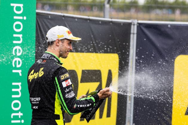 GER, DTM, 9. & 10. Lauf, Motorsport Arena Oschersleben 26.07.2026, Motorsport Arena, Oschersleben, GER, DTM, 9. & 10. Lauf, Motorsport Arena Oschersleben Podium: 3. Platz Thomas Preining, Manthey Â Foto: Alexander Trienitz Oschersleben Motorsport Arena Sachsen-Anhalt Deutschland *** GER, DTM, Round 9 of 10, Motorsport Arena Oschersleben, July 26, 2026, Motorsport Arena, Oschersleben, GER, DTM, Round 9 of 10, Motorsport Arena Oschersleben, 3rd-place finisher Thomas Preining, Manthey – Photo by Alexander Trienitz, Oschersleben Motorsport Arena, Saxony-Anhalt, Germany