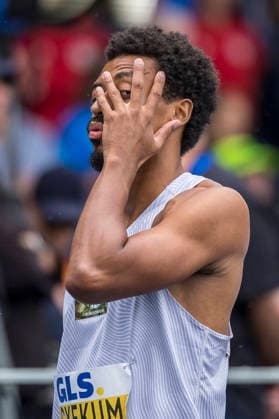Deutsche Leichtathletik-Meisterschaften; Bochum-Wattenscheid, 26.07.2026 Emil Agyekum (SCC Berlin), 400m-Hürden-Finale; Deutsche Leichtathletik-Meisterschaften am 26.07.2026 im Lorheide-Stadion, Bochum-Wattenscheid (Nordrhein-Westfalen). *** German Track and Field Championships, Bochum Wattenscheid, July 26, 2026; Emil Agyekum, SCC Berlin, 400-meter hurdles final at the German Track and Field Championships on July 26, 2026, at Lorheide Stadium, Bochum-Wattenscheid, North Rhine-Westphalia Copyright: xBEAUTIFULxSPORTS AxelxKohringx