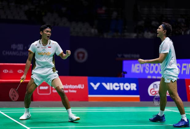 (260726) -- CHANGZHOU, July 26, 2026 -- Fajar Alfian (R) Muhammad Shohibul Fikri celebrate a score during the men s doubles final match between Fajar Alfian Muhammad Shohibul Fikri of Indonesia and Kim Won Ho Seo Seung Jae of South Korea at the China Open 2026 badminton tournament in Changzhou, east China s Jiangsu Province, July 26, 2026. ) (SP)CHINA-CHANGZHOU-BADMINTON-CHINA OPEN-MEN S DOUBLES-FINAL (CN) SunxFei 