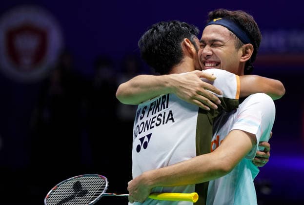 (260726) -- CHANGZHOU, July 26, 2026 -- Fajar Alfian (R) Muhammad Shohibul Fikri celebrate victory after winning the men s doubles final match between Fajar Alfian Muhammad Shohibul Fikri of Indonesia and Kim Won Ho Seo Seung Jae of South Korea at the China Open 2026 badminton tournament in Changzhou, east China s Jiangsu Province, July 26, 2026. ) (SP)CHINA-CHANGZHOU-BADMINTON-CHINA OPEN-MEN S DOUBLES-FINAL (CN) SunxFei 