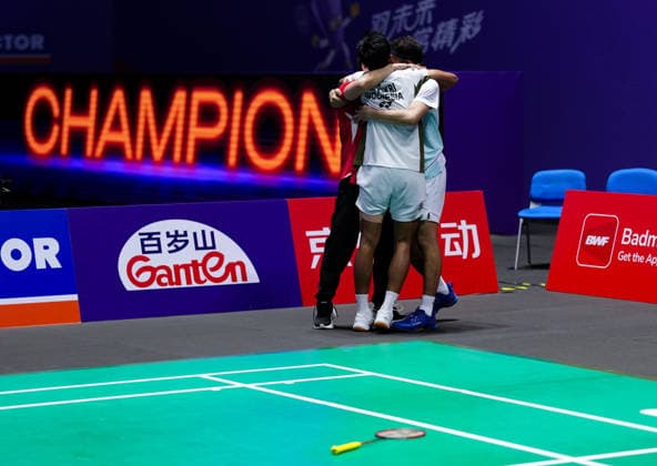 (260726) -- CHANGZHOU, July 26, 2026 -- Fajar Alfian (R) Muhammad Shohibul Fikri (C) celebrate victory after winning the men s doubles final match between Fajar Alfian Muhammad Shohibul Fikri of Indonesia and Kim Won Ho Seo Seung Jae of South Korea at the China Open 2026 badminton tournament in Changzhou, east China s Jiangsu Province, July 26, 2026. ) (SP)CHINA-CHANGZHOU-BADMINTON-CHINA OPEN-MEN S DOUBLES-FINAL (CN) SunxFei 