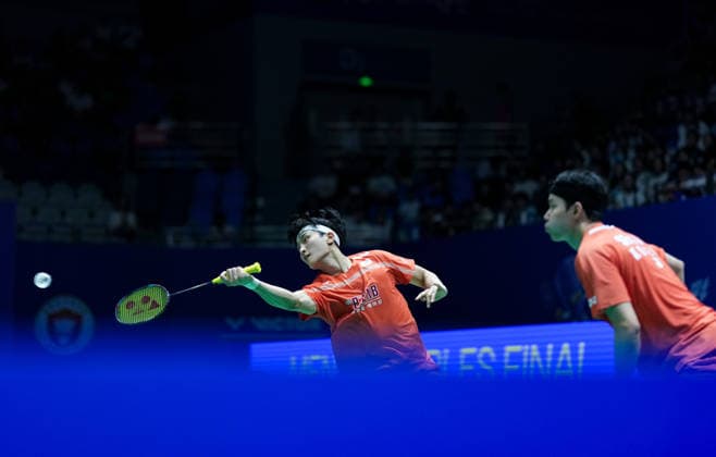 (260726) -- CHANGZHOU, July 26, 2026 -- Kim Won Ho (L) Seo Seung Jae compete during the men s doubles final match between Fajar Alfian Muhammad Shohibul Fikri of Indonesia and Kim Won Ho Seo Seung Jae of South Korea at the China Open 2026 badminton tournament in Changzhou, east China s Jiangsu Province, July 26, 2026. ) (SP)CHINA-CHANGZHOU-BADMINTON-CHINA OPEN-MEN S DOUBLES-FINAL (CN) SunxFei 