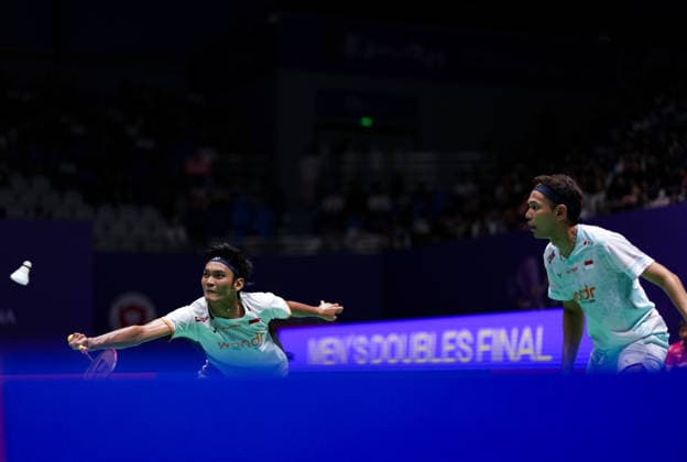 (260726) -- CHANGZHOU, July 26, 2026 -- Fajar Alfian Muhammad Shohibul Fikri (L) compete during the men s doubles final match between Fajar Alfian Muhammad Shohibul Fikri of Indonesia and Kim Won Ho Seo Seung Jae of South Korea at the China Open 2026 badminton tournament in Changzhou, east China s Jiangsu Province, July 26, 2026. ) (SP)CHINA-CHANGZHOU-BADMINTON-CHINA OPEN-MEN S DOUBLES-FINAL (CN) SunxFei 