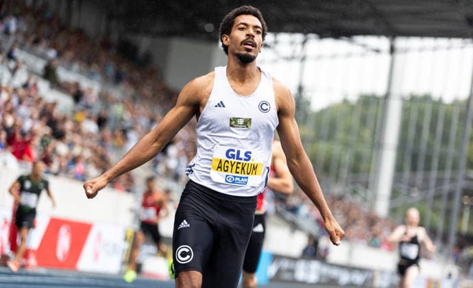 Deutsche Leichtathletik-Meisterschaften; Bochum-Wattenscheid, 26.07.2026 Zieljubel: Emil Agyekum (SCC Berlin) wird Deutscher Meister über 400m Hürden der Männer; Deutsche Leichtathletik-Meisterschaften am 26.07.2026 im Lohrheidestadion in Bochum-Wattenscheid (Nordrhein-Westfalen). *** German Track and Field Championships, Bochum-Wattenscheid, July 26, 2026: Emil Agyekum of SCC Berlin crosses the finish line to become the German champion in the men’s 400-meter hurdles at the German Track and Field Championships on July 26, 2026, at Lohrheidestadion in Bochum-Wattenscheid, North Rhine-Westphalia Copyright: xBEAUTIFULxSPORTS R.xSchmittx