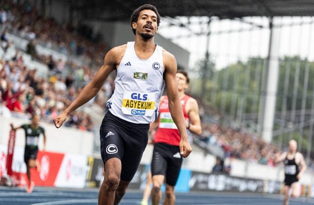 Deutsche Leichtathletik-Meisterschaften; Bochum-Wattenscheid, 26.07.2026 Zieljubel: Emil Agyekum (SCC Berlin) wird Deutscher Meister über 400m Hürden der Männer; Deutsche Leichtathletik-Meisterschaften am 26.07.2026 im Lohrheidestadion in Bochum-Wattenscheid (Nordrhein-Westfalen). *** German Track and Field Championships, Bochum-Wattenscheid, July 26, 2026: Emil Agyekum of SCC Berlin crosses the finish line to become the German champion in the men’s 400-meter hurdles at the German Track and Field Championships on July 26, 2026, at Lohrheidestadion in Bochum-Wattenscheid, North Rhine-Westphalia Copyright: xBEAUTIFULxSPORTS R.xSchmittx