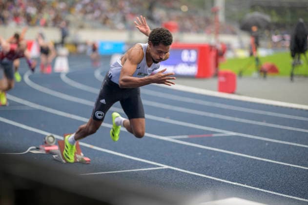 AGYEKUM Emil, Aktion Start. Finale 400m Hürden der Männer, am 26.07.2026 Leichtathletik Deutschen Meisterschaften vom 25.07.- 26.07.2026 in Bochum-Wattenscheid Deutschland. Lohrheidestadion *** AGYEKUM Emil, Men s 400-meter Hurdles Final, on July 26, 2026, at the German Track and Field Championships held July 25–26, 2026, in Bochum-Wattenscheid, Germany, at Lohrheidestadion