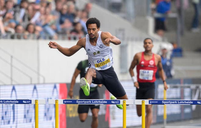 Sieger AGYEKUM Emil, Aktion. Finale 400m Hürden der Männer, am 26.07.2026 Leichtathletik Deutschen Meisterschaften vom 25.07.- 26.07.2026 in Bochum-Wattenscheid Deutschland. Lohrheidestadion *** Emil AGYEKUM, winner of the men s 400-meter hurdles final on July 26, 2026, at the German Track and Field Championships held July 25–26, 2026, in Bochum-Wattenscheid, Germany, at Lohrheidestadion