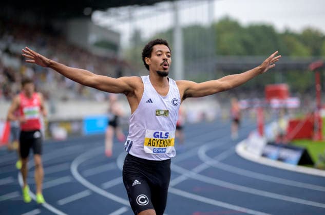 Jubel Sieger AGYEKUM Emil (1.Platz). Finale 400m Hürden der Männer, am 26.07.2026 Leichtathletik Deutschen Meisterschaften vom 25.07.- 26.07.2026 in Bochum-Wattenscheid Deutschland. Lohrheidestadion *** Cheers for winner AGYEKUM Emil, 1st place in the men s 400m hurdles final, on July 26, 2026, at the German Track and Field Championships held July 25–26, 2026, in Bochum-Wattenscheid, Germany, at Lohrheidestadion