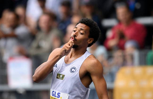 Jubel Sieger AGYEKUM Emil (1.Platz). Finale 400m Hürden der Männer, am 26.07.2026 Leichtathletik Deutschen Meisterschaften vom 25.07.- 26.07.2026 in Bochum-Wattenscheid Deutschland. Lohrheidestadion *** Cheers for winner AGYEKUM Emil, 1st place in the men s 400m hurdles final, on July 26, 2026, at the German Track and Field Championships held July 25–26, 2026, in Bochum-Wattenscheid, Germany, at Lohrheidestadion