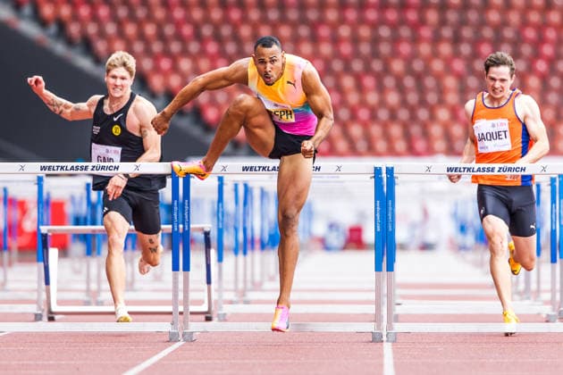 Swiss Athletics Championships, 26.07.2026 ZURICH, SWITZERLAND - JULY 26: Jason Joseph (LC Therwil) competes in the 110 m hurdles at the Swiss Athletics Championships on July 26, 2026 in Zurich, Switzerland. *** Swiss Athletics Championships, July 26, 2026, Zurich, Switzerland. Jason Joseph of LC Therwil competes in the 110-meter hurdles at the Swiss Athletics Championships on July 26, 2026, in Zurich, Switzerland. Copyright: xBEAUTIFULxSPORTS UlfxSchillerx