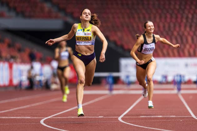 Swiss Athletics Championships, 26.07.2026 ZURICH, SWITZERLAND - JULY 26: Lena Wernli (LC Zuerich) on the finish line of the womens 400 m hurdles at the Swiss Athletics Championships on July 26, 2026 in Zurich, Switzerland. *** Swiss Athletics Championships, July 26, 2026, Zurich, Switzerland. Lena Wernli of LC Zurich crosses the finish line in the women s 400-meter hurdles at the Swiss Athletics Championships on July 26, 2026, in Zurich, Switzerland. Copyright: xBEAUTIFULxSPORTS UlfxSchillerx