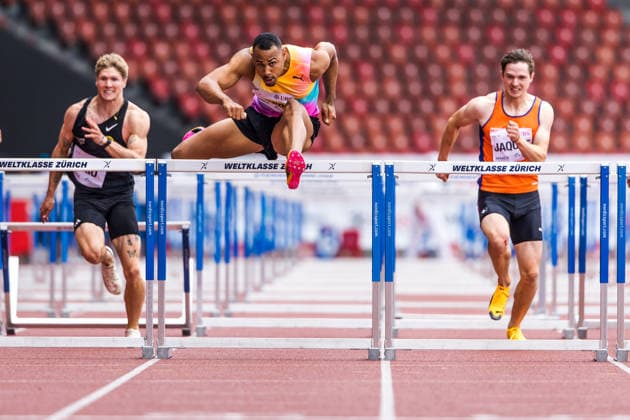 Swiss Athletics Championships, 26.07.2026 ZURICH, SWITZERLAND - JULY 26: Jason Joseph (LC Therwil) competes in the 110 m hurdles at the Swiss Athletics Championships on July 26, 2026 in Zurich, Switzerland. *** Swiss Athletics Championships, July 26, 2026, Zurich, Switzerland. Jason Joseph of LC Therwil competes in the 110-meter hurdles at the Swiss Athletics Championships on July 26, 2026, in Zurich, Switzerland. Copyright: xBEAUTIFULxSPORTS UlfxSchillerx