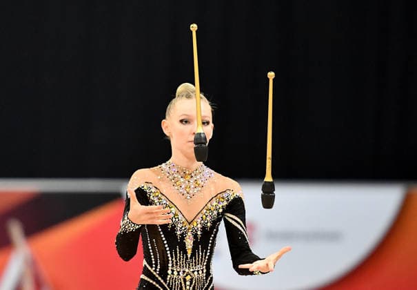 26.07.2026, xhbx, Turnen Rhythmische Sportgymnastik, Deutsche Meisterschaften 2026 v.l. Anastasia Stroh (TV St. Wendel) Übung mit den Keulen (DFL DFB REGULATIONS PROHIBIT ANY USE OF PHOTOGRAPHS as IMAGE SEQUENCES and or QUASI-VIDEO) Hannover *** July 26, 2026, xhbx, Gymnastics, Rhythmic Gymnastics, 2026 German Championships by Anastasia Stroh, TV St. Wendel, club routine with clubs. DFL and DFB regulations prohibit any use of photographs as image sequences and or quasi-video. Hanover