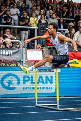 Deutsche Leichtathletik-Meisterschaften; Bochum-Wattenscheid, 26.07.2026 Deutscher Meister über 400m Hürden: Emil Agyekum (SCC Berlin); Deutsche Leichtathletik-Meisterschaften am 26.07.2026 im Lorheide-Stadion, Bochum-Wattenscheid (Nordrhein-Westfalen). *** German Track and Field Championships, Bochum Wattenscheid, July 26, 2026; German Champion in the 400-meter hurdles: Emil Agyekum, SCC Berlin; German Track and Field Championships on July 26, 2026, at Lorheide Stadium, Bochum-Wattenscheid, North Rhine-Westphalia Copyright: xBEAUTIFULxSPORTS LeahxKohringx