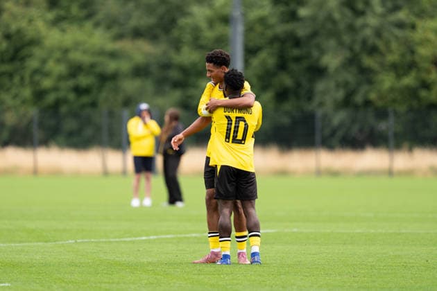 26.07.2026, GER Deutschland, Fussball, Saison 2026 2027, Testspiel zwischen Borussia Dortmund U23 vs Jong FC Utrecht Torjubel Jubel ueber das Tor zum 3:0 durch Bennedikt Wüstenhagen Wuestenhagen (BV Borussia Dortmund U23, 9) Joseph Boyamba (BV Borussia Dortmund U23, 10) Dortmund BVB-Trainingsgelände Hohenbuschei Nordrhein Westfalen Deutschland *** July 26, 2026, GER Germany, Soccer, 2026–2027 Season, Friendly match between Borussia Dortmund U23 and Jong FC Utrecht; goal celebration after Bennedikt Wüstenhagen (Wuestenhagen) scores the 3–0 goal for BV Borussia Dortmund U23, 9 Joseph Boyamba (BV Borussia Dortmund U23), 10 Dortmund BVB Training Facility Hohenbuschei, North Rhine-Westphalia, Germany Copyright: xnordphotoxGmbHx xSchulzex