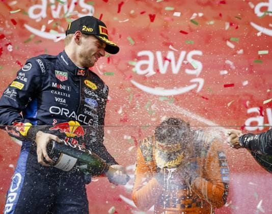 BUDAPEST - Max Verstappen (Red Bull Racing), Lando Norris (McLaren) and Andrea Kimi Antonelli (Mercedes) on the podium after the race at the Hungaroring for the Hungarian Grand Prix. SANDER KONING ANP xVIxANPxSportx xxANPxIVx 564343437 originalFilename: 564343437.jpg