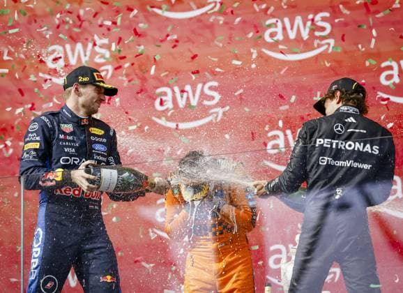 BUDAPEST - Max Verstappen (Red Bull Racing), Lando Norris (McLaren) and Andrea Kimi Antonelli (Mercedes) on the podium after the race at the Hungaroring for the Hungarian Grand Prix. SANDER KONING ANP xVIxANPxSportx xxANPxIVx 564343660 originalFilename: 564343660.jpg