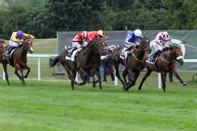 26.07.2026, Muenchen, Bayern, GER - Hotazhell (rechts) mit Shane Foley gewinnt den 50. Grossen Dallmayr-Preis. Galopprennbahn Muenchen-Riem. (Pferd, Jockey, Hotazhell, Foley, Sieg, Ziel, Zielankunft) 260726WB986MUENCHEN.JPG *** July 26, 2026, Munich, Bavaria, GER Hotazhell (right) with Shane Foley wins the 50th Grand Dallmayr Prize at the Munich-Riem Racetrack Horse, jockey, Hotazhell, Foley, victory, finish line, finish 260726WB986MUENCHEN JPG