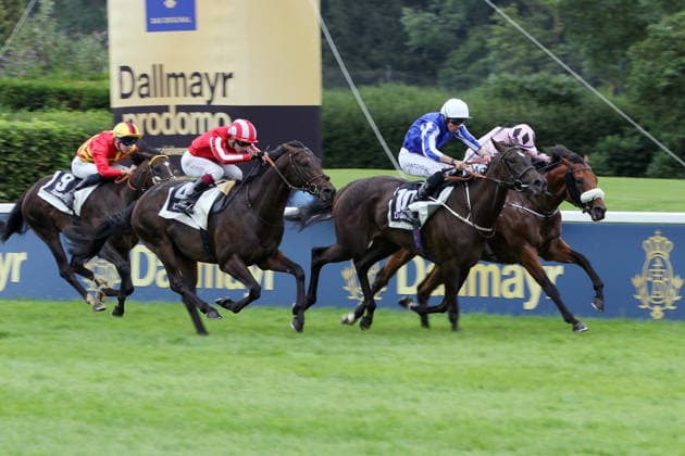 26.07.2026, Muenchen, Bayern, GER - Hotazhell (rechts) mit Shane Foley gewinnt den 50. Grossen Dallmayr-Preis. Galopprennbahn Muenchen-Riem. (Pferd, Jockey, Hotazhell, Foley, Sieg, Ziel, Zielankunft) 260726WB987MUENCHEN.JPG *** July 26, 2026, Munich, Bavaria, GER Hotazhell (right) with jockey Shane Foley wins the 50th Grand Dallmayr Prize at the Munich-Riem Racetrack Horse, jockey, Hotazhell, Foley, victory, finish line, finish 260726WB987MUENCHEN JPG
