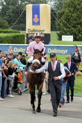 26.07.2026, Muenchen, Bayern, GER - Hotazhell mit Shane Foley nach dem Sieg im 50. Grossen Dallmayr-Preis. Galopprennbahn Muenchen-Riem. (Pferd, Jockey, Hotazhell, Foley, Sieg) 260726WB993MUENCHEN.JPG *** July 26, 2026, Munich, Bavaria, GER Hotazhell with Shane Foley after winning the 50th Dallmayr Grand Prix at the Munich-Riem Racetrack Horse, Jockey, Hotazhell, Foley, Victory 260726WB993MUENCHEN JPG