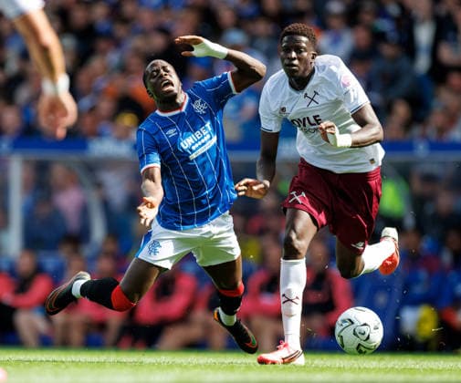 26.07.2026 Rangers v West Ham: Djeidi Gassama of Rangers with Mohamadou Kante of West Ham United  Copyright: xWilliexVassx NINTCHDBPICT001097736411
